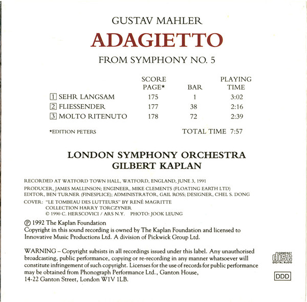 lataa albumi Gustav Mahler, Gilbert Kaplan The London Symphony Orchestra - Adagietto From Symphony No 5 From Mahler With Love