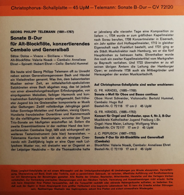 baixar álbum Georg Philipp Telemann Valerie Noack, Anneliese Ehret, Hubert Ehret, Bertold Hummel - Sonate B Dur Für Alt Blockflöte Konzertierendes Cembala Und Generalbaß