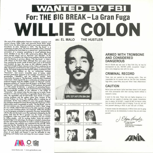 Willie Colon – Wanted By FBI / The Big Break - La Gran Fuga (2018