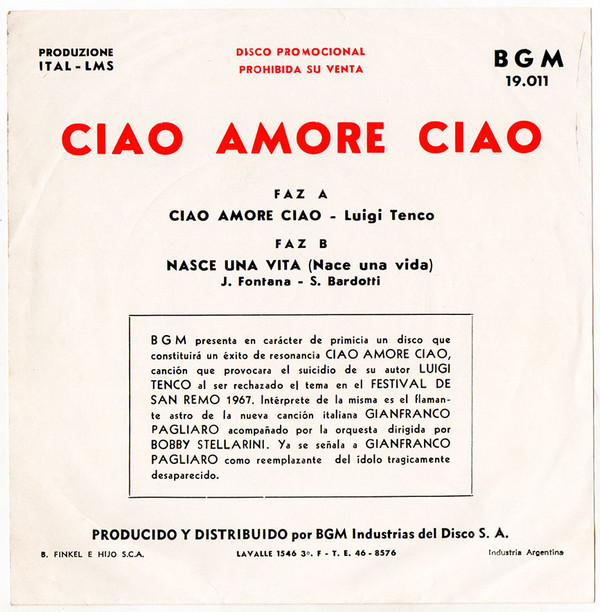last ned album Gianfranco Pagliaro - Ciao Amore Ciao Nasce Una Vita