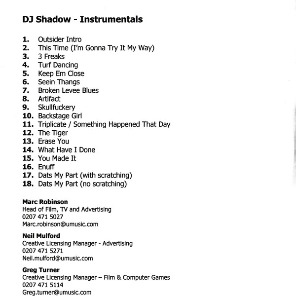 last ned album DJ Shadow - The Outsider Instrumentals