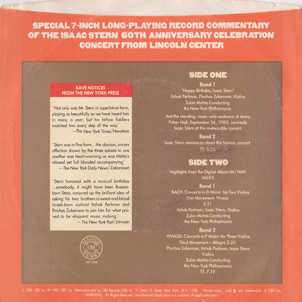 baixar álbum Isaac Stern - Special Collectors Record Commemorating The Isaac Stern Anniversary Gala From Lincoln Center