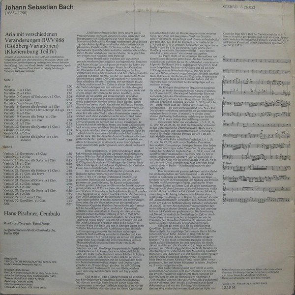 télécharger l'album Bach, Hans Pischner - Aria Mit 30 Veränderungen BWV 988 Goldberg Variationen