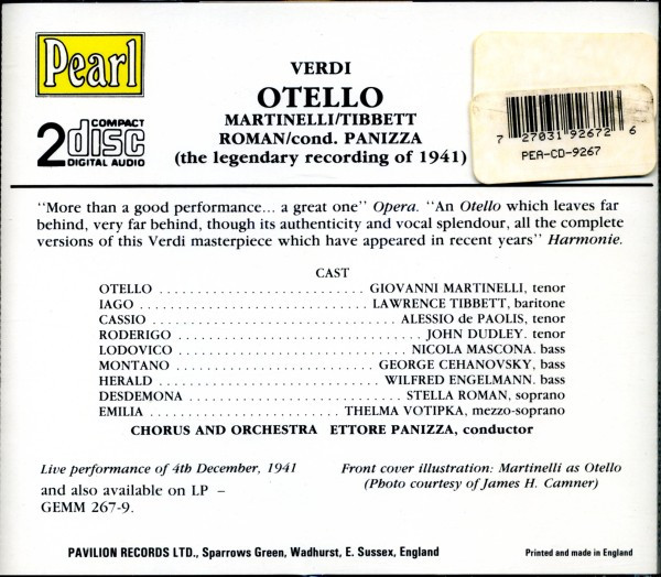 ladda ner album Verdi Giovanni Martinelli, Lawrence Tibbett, Stella Roman, Ettore Panizza - Otello The Legendary Recording Of 1941