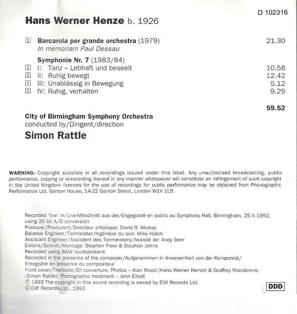 baixar álbum Hans Werner Henze Simon Rattle, City Of Birmingham Symphony Orchestra - Symphonie Nr 7 Barcarola Per Grande Orchestra