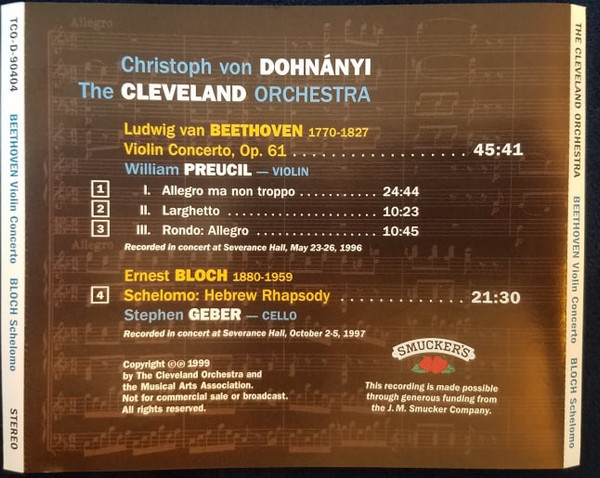 télécharger l'album Conductor, Violin, Cello, The Cleveland Orchestra - Beethoven Violin Concerto Bloch Schelomo