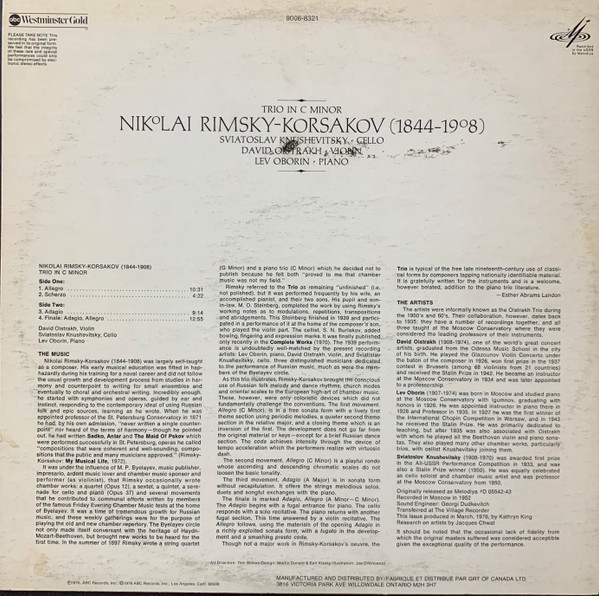 baixar álbum Nikolai RimskyKorsakov Sviatoslav Knushevitsky, David Oistrakh, Lev Oborin - Trio In C Minor