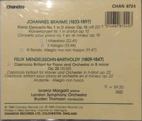 descargar álbum Brahms, Mendelssohn, Israela Margalit, London Symphony Orchestra, Bryden Thomson - Brahms Piano Concerto No 1 Mendelssohn Capriccio Brilliant