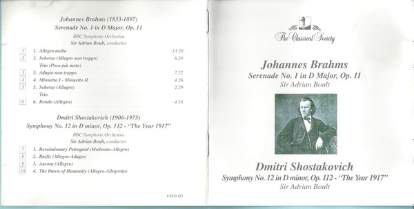 ladda ner album Johannes Brahms Dmitri Shostakovich Sir Adrian Boult - Serenade No 1 In D Major Op 11 Symphony No 12 In D Minor Op 112 The Year 1917
