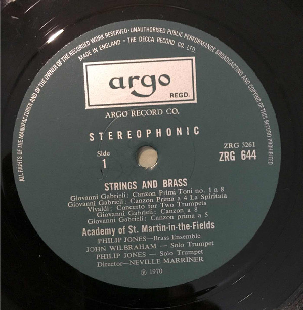 Gabrieli , Vejvanovsky And Vivaldi - John Wilbraham , Philip Jones , Philip Jones Brass Ensemble , Academy Of St. Martin-in-the-Fields , Neville Marriner - Strings & Brass (Music By Gabrieli, Vejvanovsky And Including Vivaldi Concerto For Two Trumpets) | Argo (ZRG 644) - 3