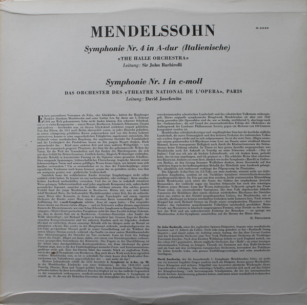 Album herunterladen Mendelssohn, The Halle Orchestra Sir John Barbirolli Das Orchester Des Théâtre National De L'Opéra Paris David Josefowitz - Symphonie Nr 4 In A Dur Italienische Symphonie Nr 1 In C Moll