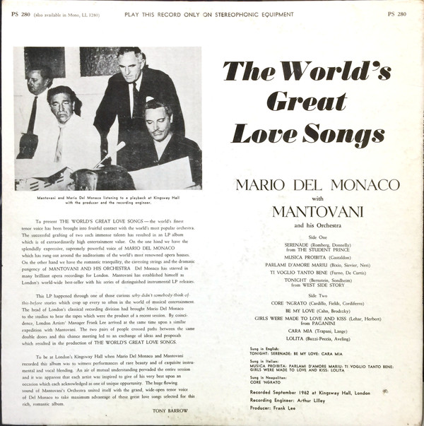 ladda ner album Mario del Monaco, Mantovani And His Orchestra - The Worlds Great Love Songs