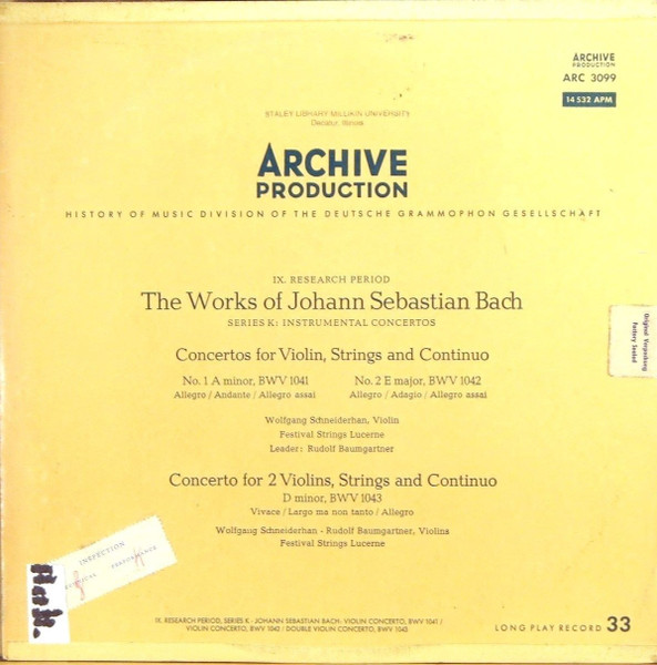 Johann Sebastian Bach Wolfgang Schneiderhan Rudolf Baumgartner