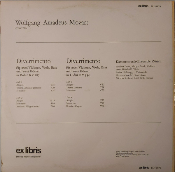 ladda ner album Mozart, KammermusikEnsemble Zürich, Heribert Lauer - Divertimenti