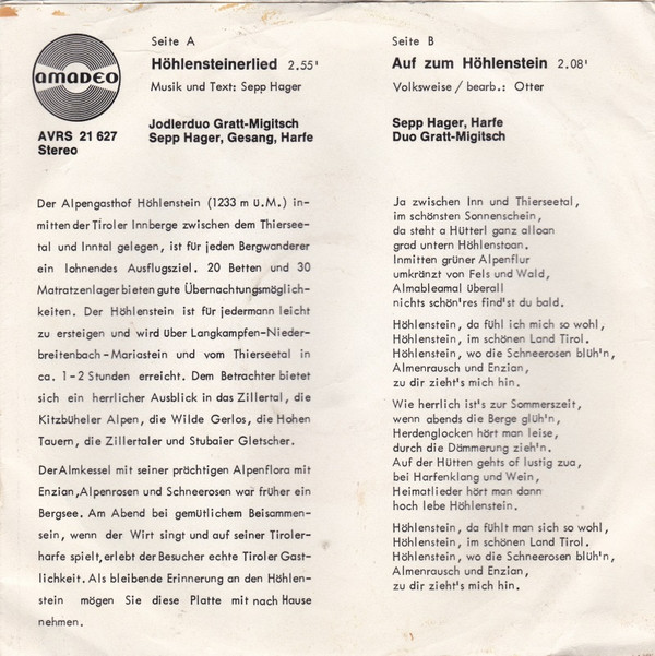 last ned album Jodlerduo GrattMiggitsch, Sepp Hager - Höhlensteinerlied Auf Zum Höhlenstein