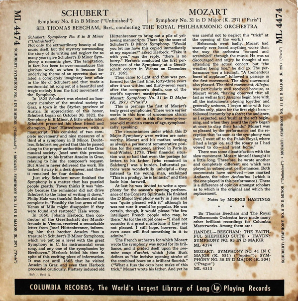 ladda ner album Schubert Mozart, Sir Thomas Beecham Conducting The Royal Philharmonic Orchestra - Symphony No 8 Unfinished In B Minor Symphony No 31 Paris In D Major K297