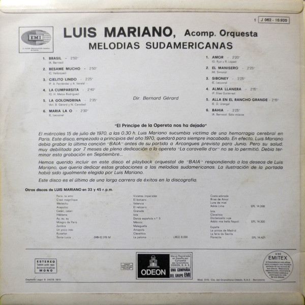 Album herunterladen Luis Mariano - Melodias Sudamericanas