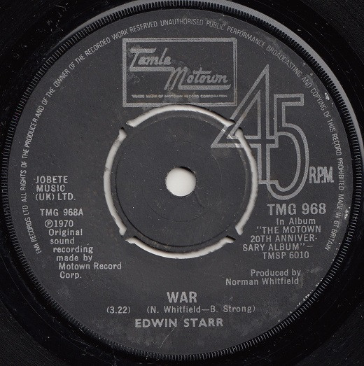Edwin Starr / R. Dean Taylor – War / Indiana Wants Me (1980, Vinyl ...