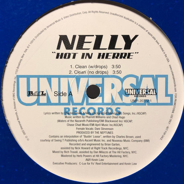 Nelly, Hot in Herre, 12 Single Play Vintage Record, LP in vinile