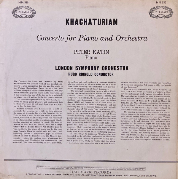 last ned album Khatchaturian, Peter Katin Piano London Symphony Orchestra Conductor Hugo Rignold - Concerto For Piano Orchestra