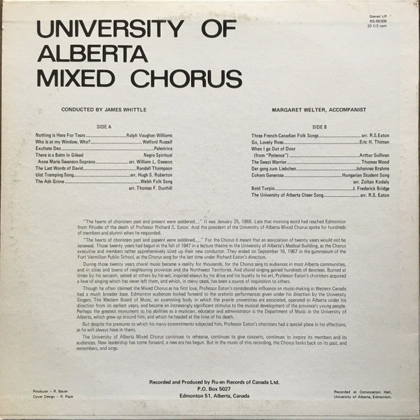 Album herunterladen University Of Alberta Mixed Chorus - In Memoriam R S Eaton