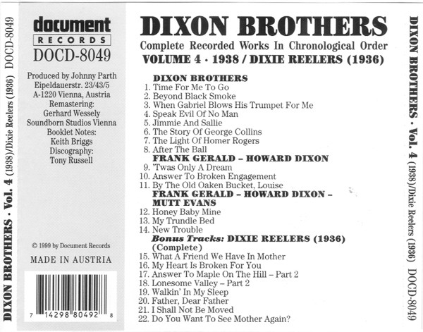 télécharger l'album Dixon Brothers Dixie Reelers - Complete Recorded Works In Chronological Order Volume 4 1938 Dixie Reelers 1936