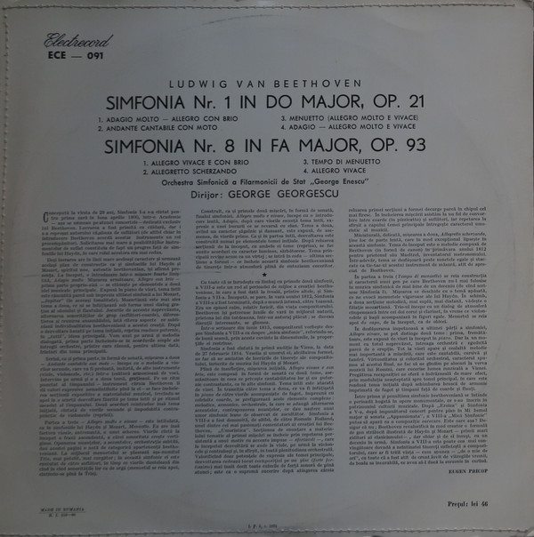 descargar álbum Beethoven Orchestra Simfonică a Filarmonicii de Stat George Enescu Dirijor George Georgescu - Simfonia Nr 1 În Do Major Simfonia Nr 8 În Fa Major