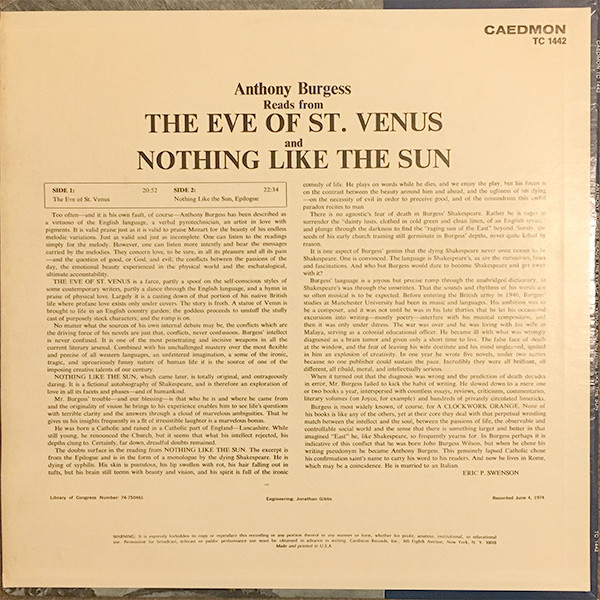descargar álbum Anthony Burgess - Reads The Eve Of St Venus And Nothing Like The Sun