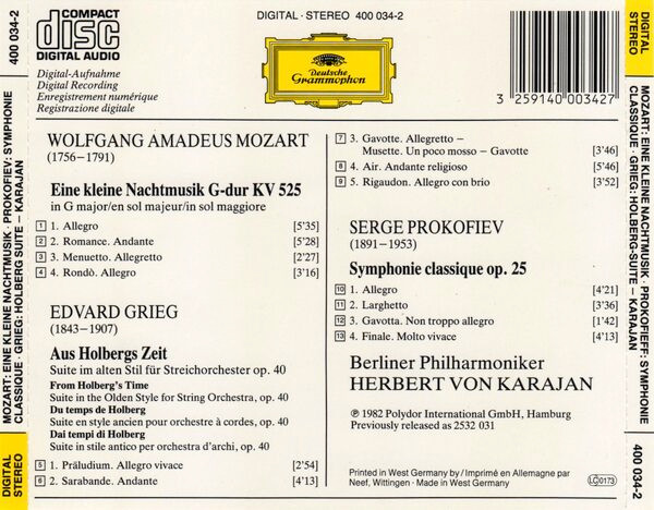 ladda ner album Mozart, Grieg, Prokofiev, Berliner Philharmoniker, Herbert von Karajan - Eine Kleine Nachtmusik Holberg Suite Symphonie Classique