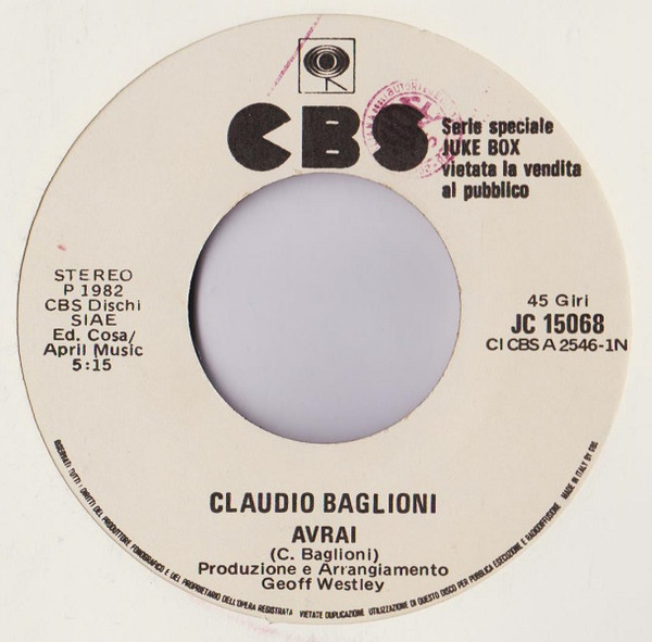Disco Vinile 45 Giri Claudio Baglioni Avrai CBS A 2546