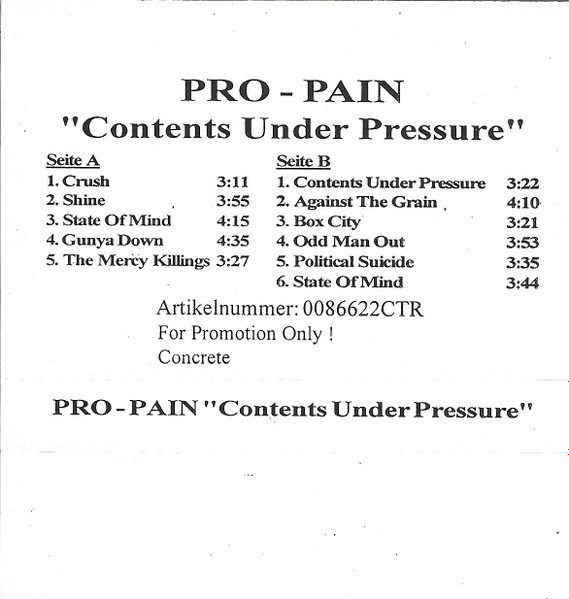 Pro-Pain – Contents Under Pressure (1996, Cassette) - Discogs