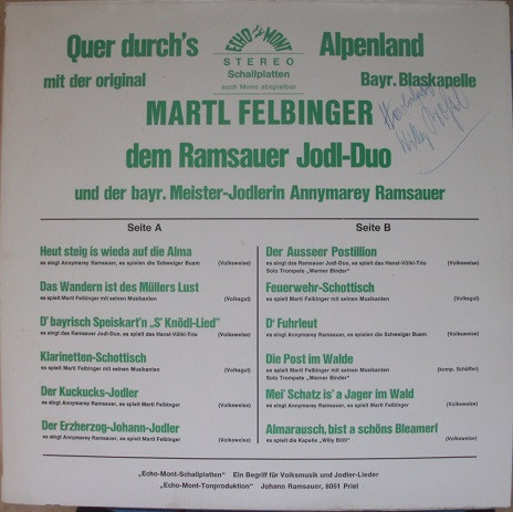 télécharger l'album Martl Felbinger, Ramsauer JodlDuo, Annymarey Ramsauer - Mit Blasmusik U Jodlergsang Durch Das Schöne Alpenland
