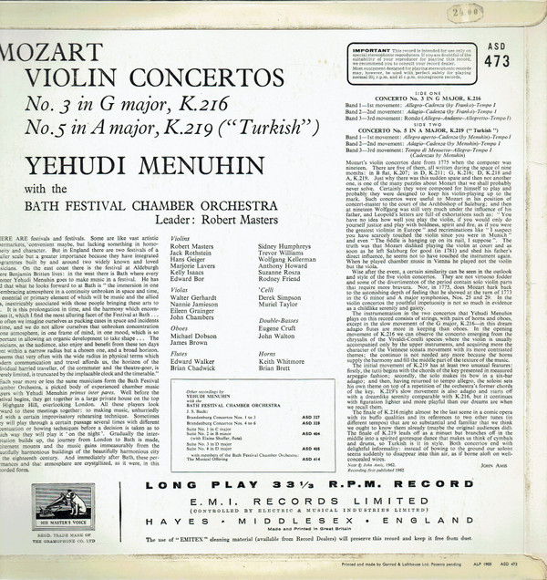 last ned album Wolfgang Amadeus Mozart, Yehudi Menuhin, Bath Festival Chamber Orchestra - Violin Concertos No 3 In G Major No 5 In A Major