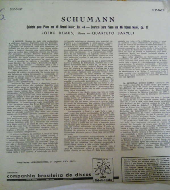 télécharger l'album Schuman Joerg Demus, Barylli Quartet - Quinteto Em Mi Bemol Maior Op 44 Quarteto Em Mi Bemol Maior Op 47