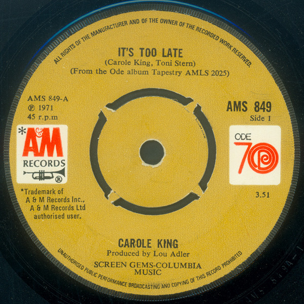 Carole King – It's Too Late (1971, Knockout Centre, Vinyl) - Discogs