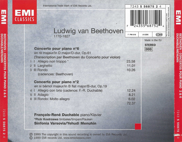 baixar álbum Beethoven FrançoisRené Duchable, Sinfonia Varsovia, Yehudi Menuhin - Concertos Pour Piano 2 6 Piano Concertos Klavierkonzerte