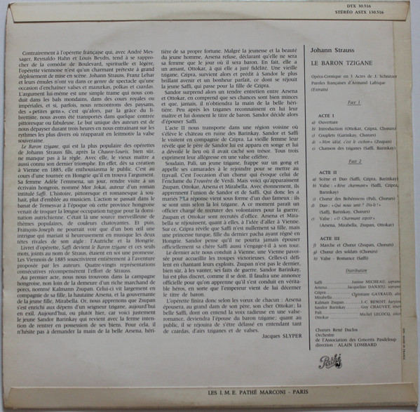 ladda ner album Johann Strauss, Janine Micheau JeanChristophe Benoit Guy Chauvet Jacqueline Danjou Christiane Gayraud Michel Lecocq Chœurs René Duclos Association Des Concerts Pasdeloup, Alain Lombard - Le Baron Tzigane