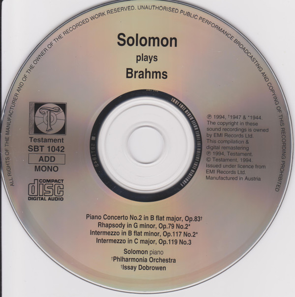 télécharger l'album Brahms Solomon , Philharmonia Orchestra, Issay Dobrowen - Piano Concerto No2 Rhapsody Op79 No2 Intermezzo Op117 No2 Intermezzo Op119 No3